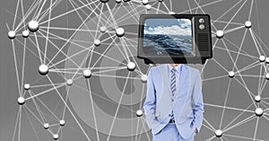 Digital composite image of businessman with TV on head against connection structure