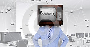 Digital composite image of businessman wearing television in head with networking background