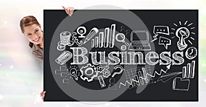 Digital composite image of businesswoman holding bill board with business text and icons