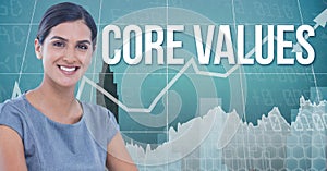 Digital composite image of businesswoman standing against graph showing growth with text