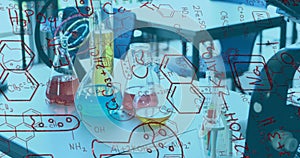 Digital composite image of chemical structures and formulas against various equipment in laboratory