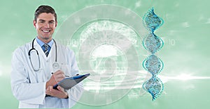 Digital composite image of doctor with clipboard by DNA and brain structures
