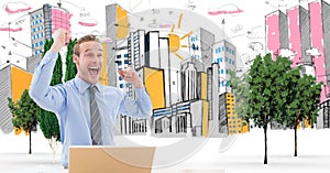 Digital composite image of excited businessman celebrating against drawn city