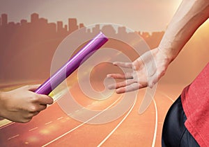 Digital composite image of hands passing the baton