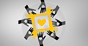 Digital composite image of hands surrounding yellow heart