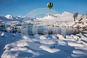 Digital composite image of hot air balloons flying over Beautiful Winter landscape image looking towards Scottish Highlands