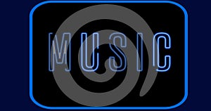Digital composite image of illuminated neon music text in blue on black background