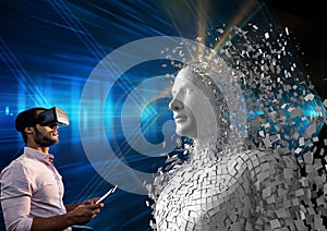 Digital composite image of man using digital tablet and VR glasses by 3d human