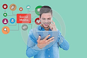 Digital composite image of man using smart phone and tablet PC by social media graphics