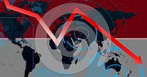 Digital composite image of red downgrading pointing graph over world map