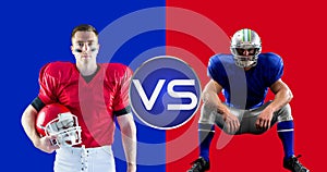 Digital composite image of rival american football players with balls on red and blue background