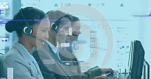 Digital composite image shows diverse call center workers with data graphs overlay.