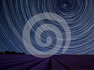 Digital composite image of star trails around Polaris with Vibrant landscape of beautiful lavender field photo