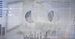 Digital composite image of statistical data processing against computer at office desk