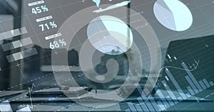 Digital composite image of statistical and financial data processing against empty office