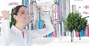 Digital composite image of successful businesswoman celebrating in drawn city