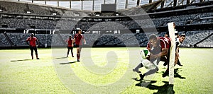 Digital composite image of two rugby players tackling each other in sports stadium