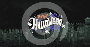 Digital composite image of vector ghosts with happy halloween text in cemetery at night