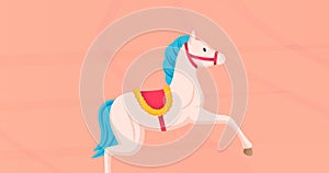 Digital composite image of white horse running over pink background