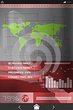 Digital composite image of world map with text on screen