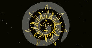 Digital composite image of yellow anthropomorphic face on sun with rays over black background