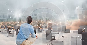 man looking at 3d futuristic office