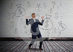 man screeming in front of money on wall photo