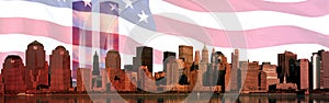 Digital composite: Manhattan skyline, American flag, World Trade Center Light Memorial