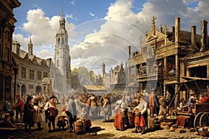 Digital composite of Medieval scene with people in front of Bruges, A bustling marketplace in a Moroccan city, AI Generated