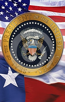 Digital composite: The official seal of the President, American flag, state flag of Texas