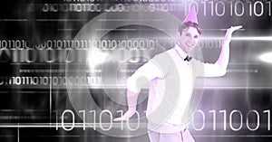 Party man dancing with digital binary code numbers