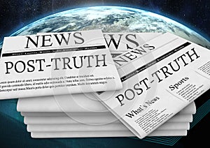 Post-truth text on newspapers stacked over planet earth world