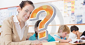 Digital composite of question mark over smiling teacher helping students in classroom