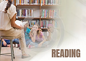 Reading text and Elementary school teacher with class