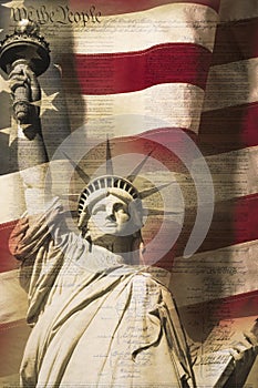 Digital composite: Statue of Liberty and American flag is underlaid with the handwriting of the US Constitution