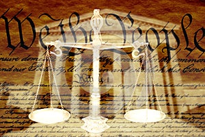 Digital composite: Supreme Court Building, the Scales of Justice and the U.S. Constitution photo