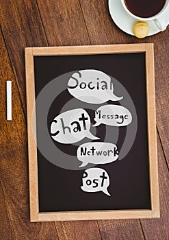 Table top with a blackboard with web graphics