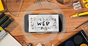 Table top with a phone with web graphics on the screen