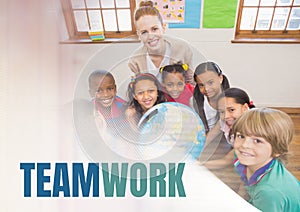 Teamwork text and Elementary school teacher with class