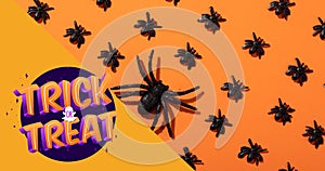 Digital composite of trick or treat phrase over spooky spider decorations on orange table