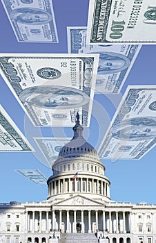 Digital composite: U.S. Capitol with floating one hundred dollar bills