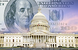 Digital composite: U.S. Capitol with One hundred dollar bill