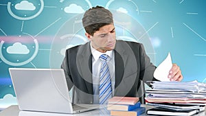 Digital composite video of caucasian businessman using laptop against network of cloud icons on blue