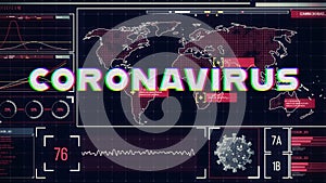 Digital composite video of Coronavirus text against world map digital interface in background