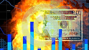 Digital Composite video of statistics bar graphs and world map against burning American dollar and f
