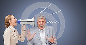woman using megaphone at man with illustrations