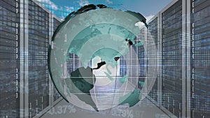 Digital composite of a world grid in a server room
