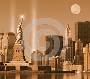 Digital composite: World Trade Center Light Memorial behind Statue of Liberty sepia toned