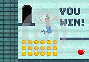 You Win text and man in Computer Game Level with coins and heart