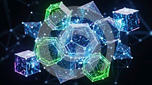 Digital composition featuring interconnected geometric shapes cubes and